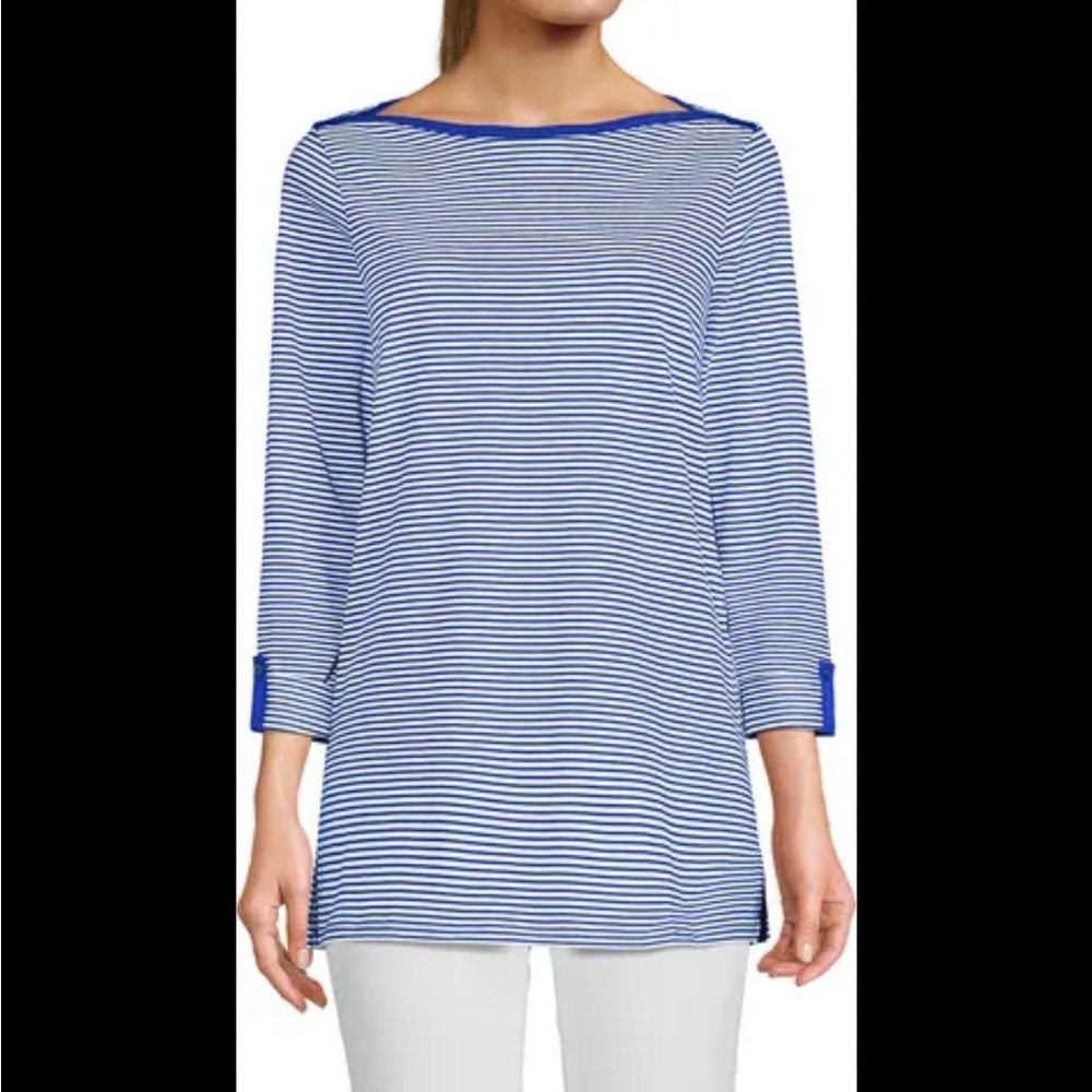 Lands' End Women's Size 2x Supima Cotton Sleeve Boatneck blue white Micro Stripe
